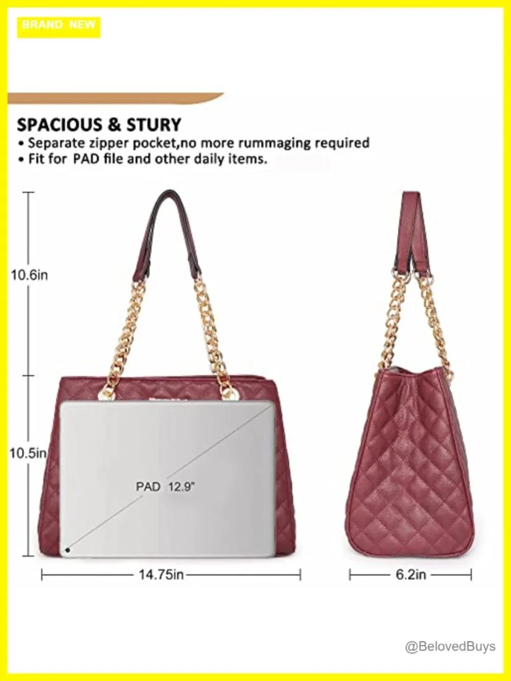 Quilted Faux Leather Tote Bag with Chain Shoulder Strap